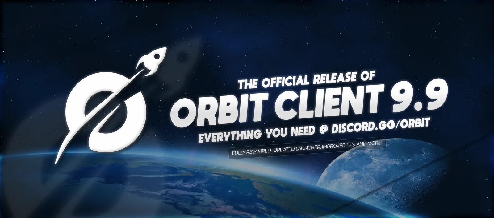 Orbit Client 9.9 release artwork: the Orbit rocket logo above Earth, with the text 'Fully revamped, updated launcher, improved FPS'.